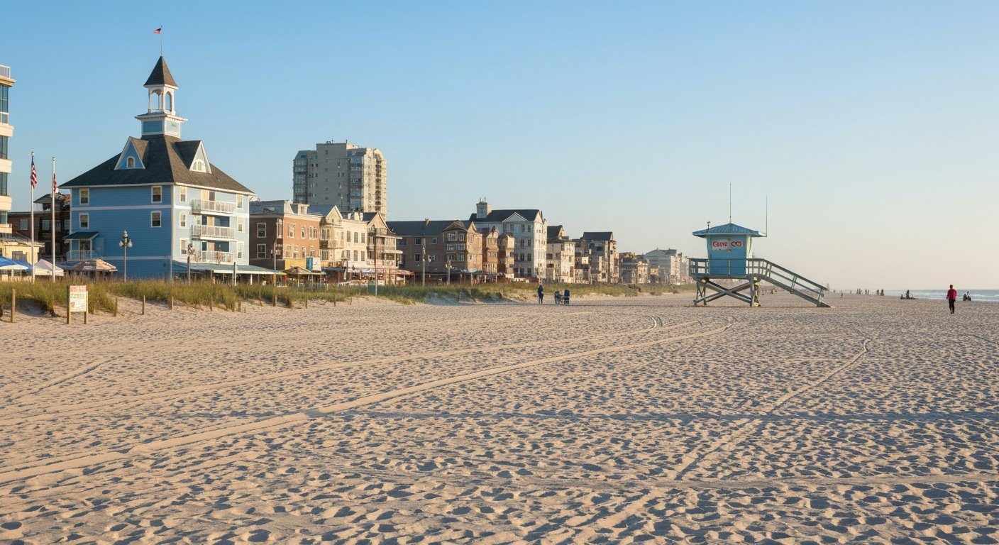 Chelsea Beach at the south end of Atlantic City, wide pale sand under a calm morning sky with the Boardwalk and lifeguard station in view