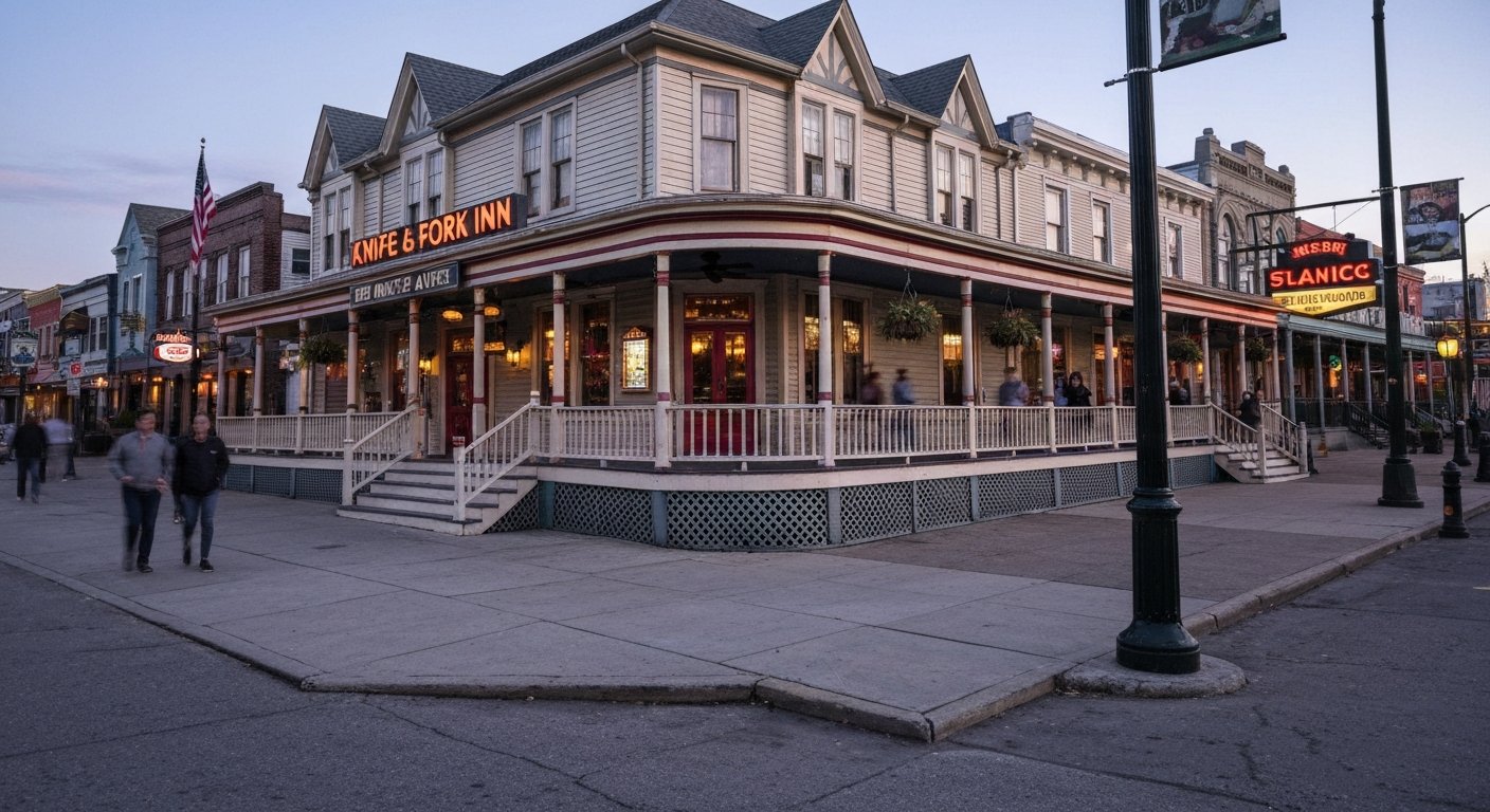 the Flemish-gabled Knife & Fork Inn at 3600 Atlantic Avenue, evening light on the historic porch and old-Atlantic-City facade