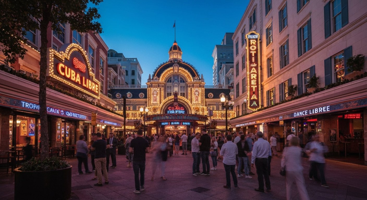 the Tropicana’s Quarter at night, with Cuba Libre’s lively courtyard energy, warm lights, and a dance-club atmosphere beginning to build