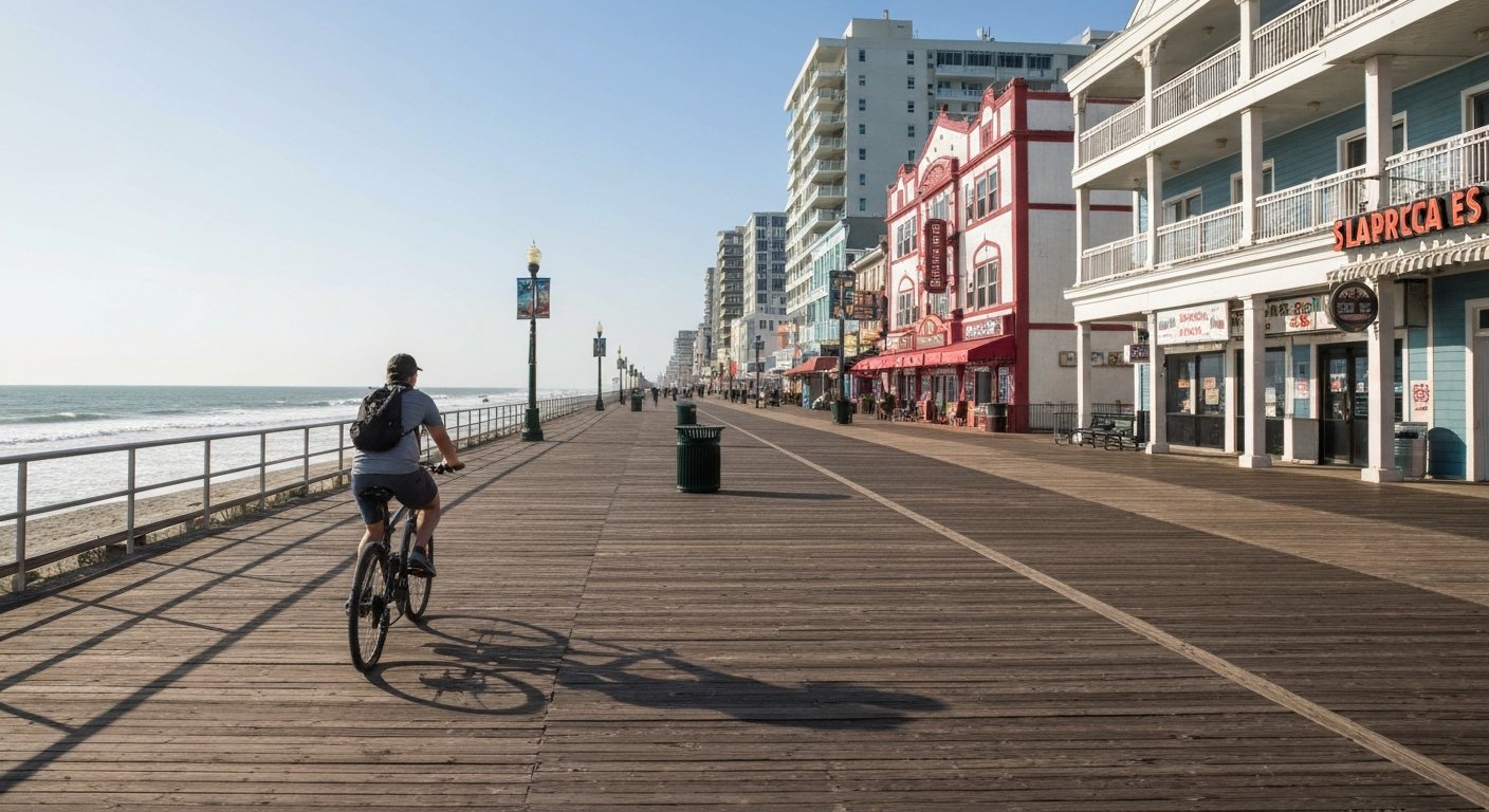 a morning cyclist on the Atlantic City Boardwalk in Chelsea, near-empty planks with the ocean on one side and low-rise beach blocks on the other