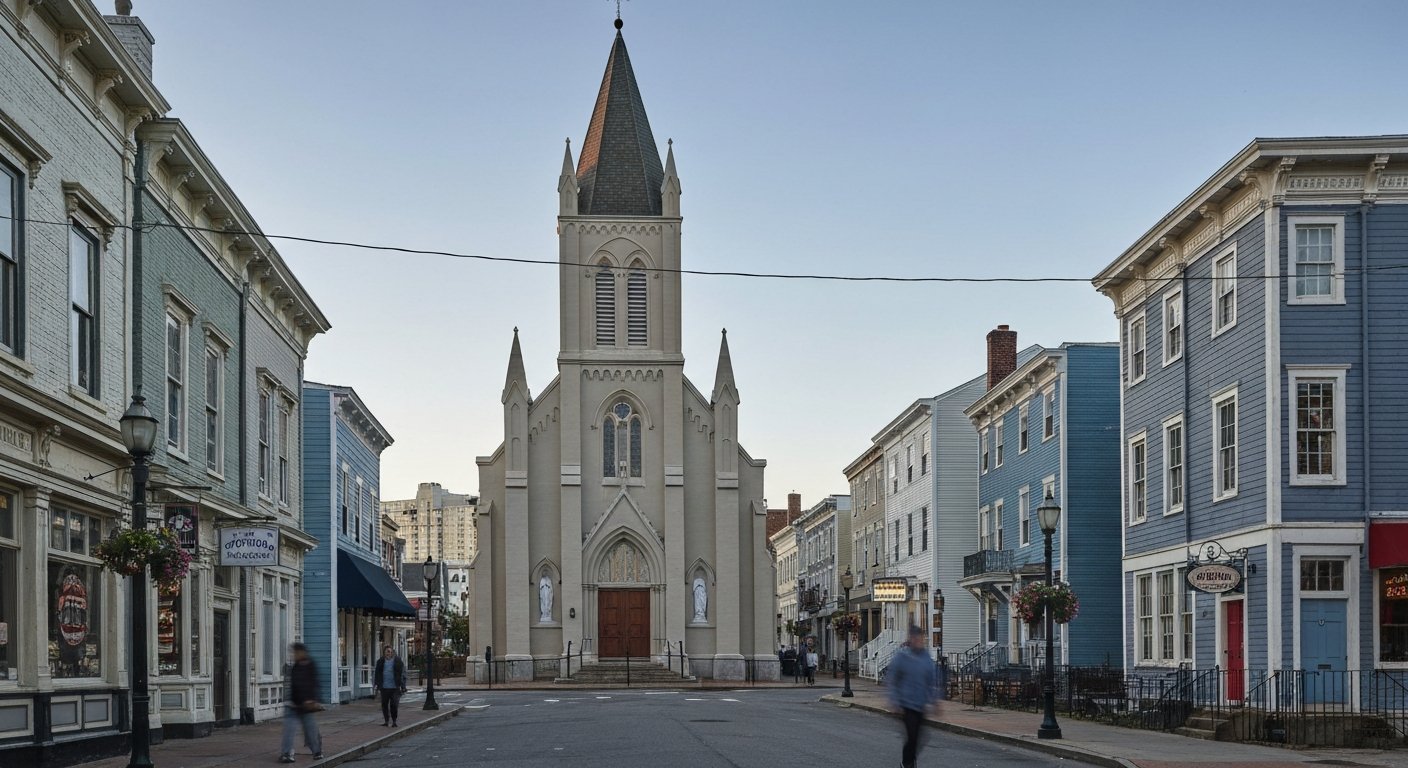 St. Michael’s Roman Catholic Church on North Mississippi Avenue, its historic facade framed by Ducktown rowhouses in soft late-afternoon light