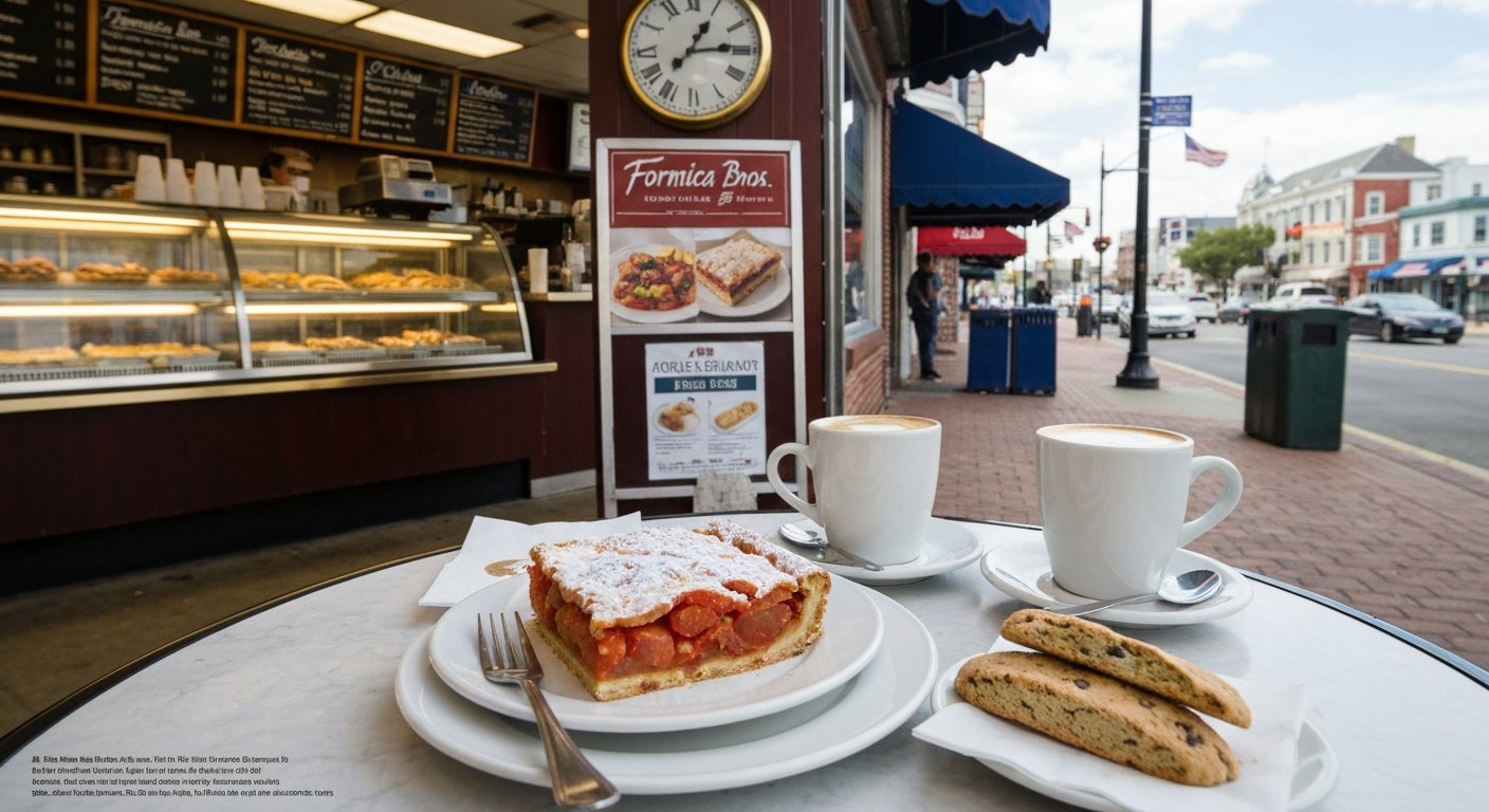 the counter at Formica Bros. Bakery on Arctic Avenue, with a square of tomato pie, biscotti, and coffee on the café table in daylight
