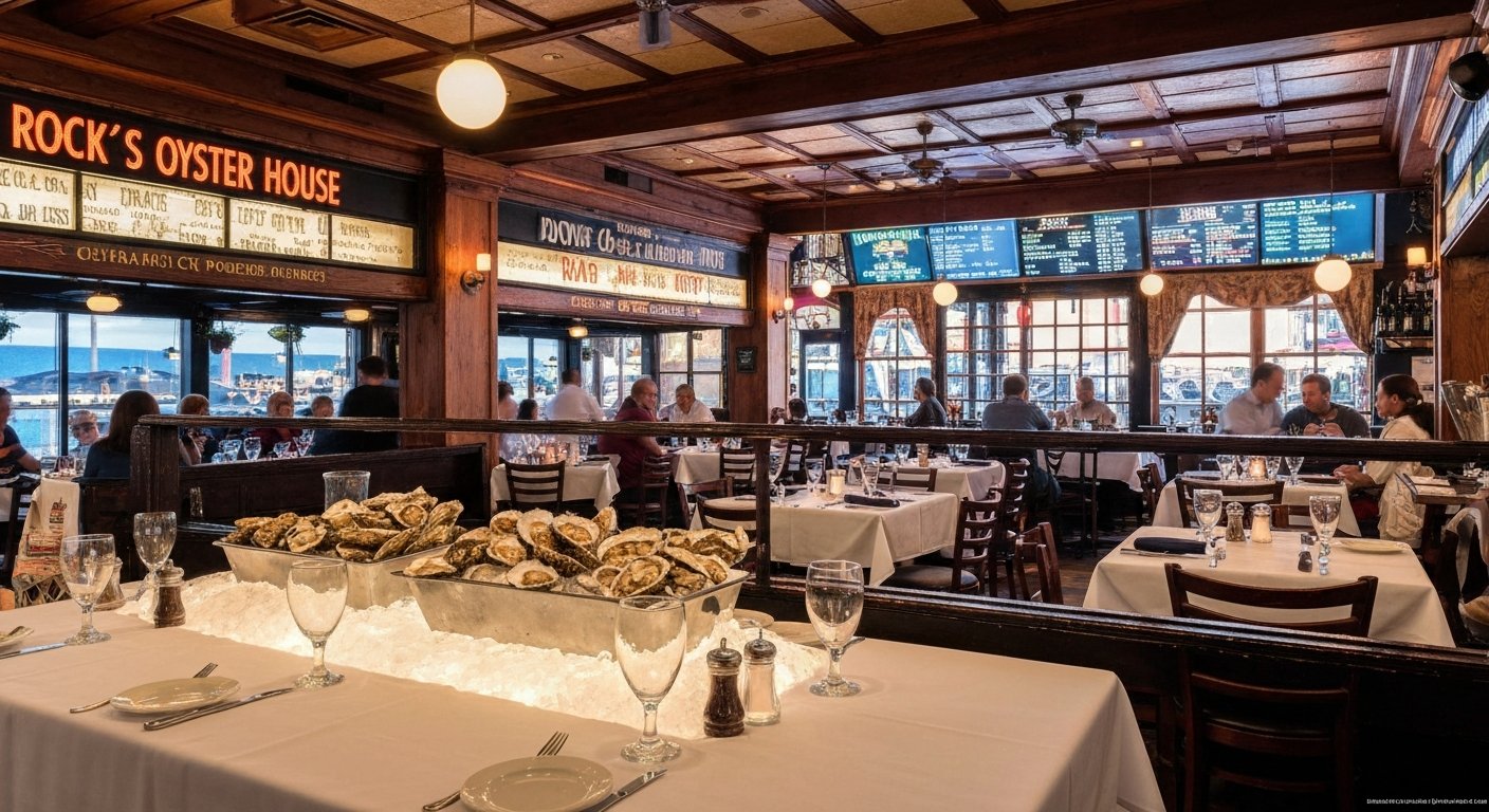 the raw bar and piano room at Dock’s Oyster House on Atlantic Avenue, white tablecloths and oysters lit warmly for dinner