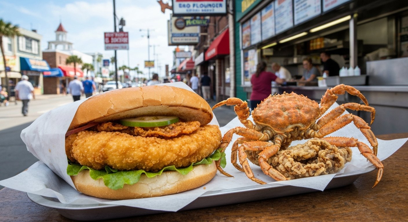 a fried flounder sandwich and soft-shell crab at Barbera Seafood Market, wrapped counter-service style with the fry counter behind it