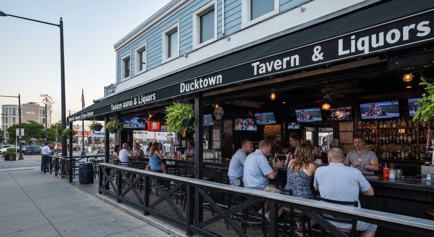 the outdoor bar at Ducktown Tavern & Liquors on Georgia Avenue in summer evening light, with neighborhood regulars and sports screens visible inside