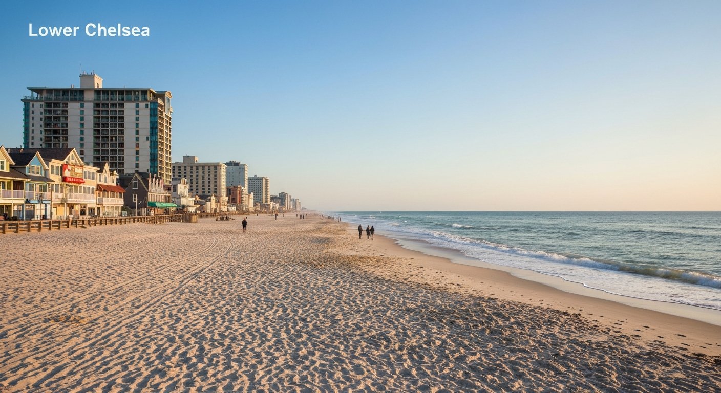 the wide free Lower Chelsea beach at Jackson Avenue in Atlantic City, empty sand and calm surf under soft morning light