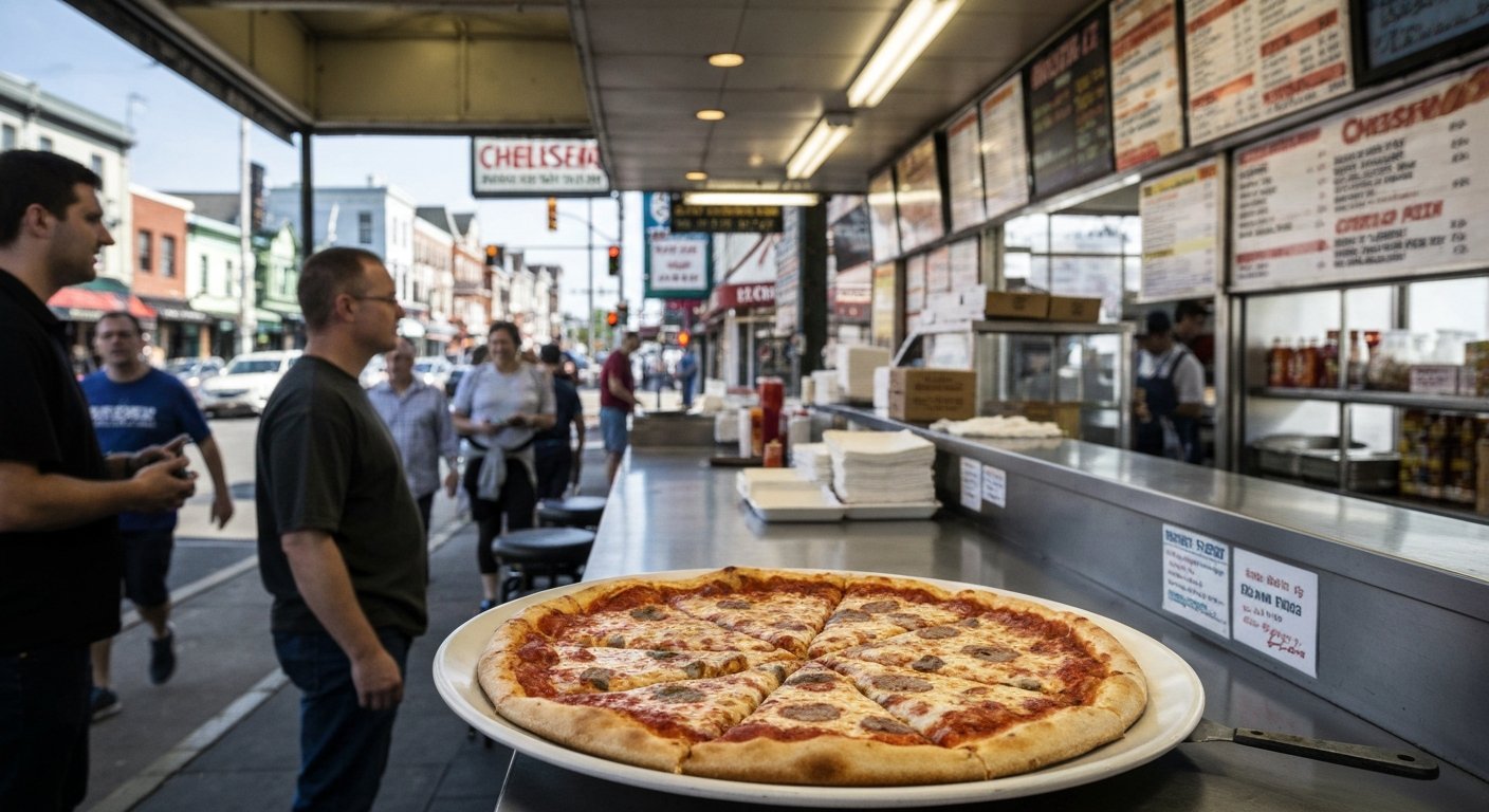 a plain, well-worn slice at Chelsea Pizza on Ventnor Avenue in Atlantic City, with a counter, pizza boxes and neighborhood-shop lighting
