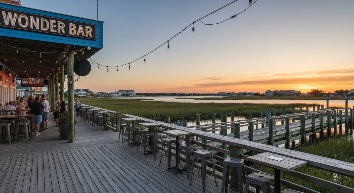the dock and sunset deck at Wonder Bar on Sunset Avenue, Atlantic City, with tiki bar seating and marsh light over the back bay