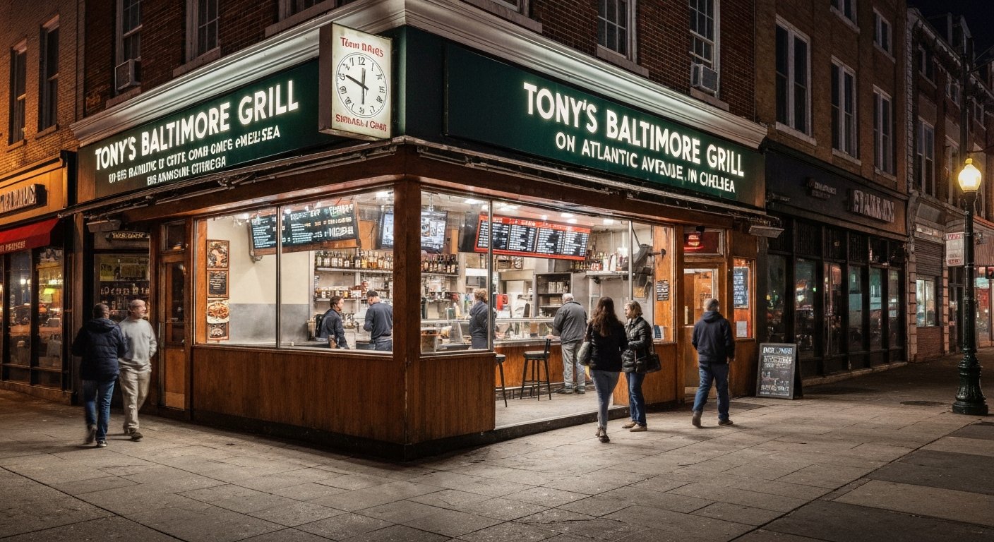 Tony’s Baltimore Grill on Atlantic Avenue in Chelsea at night, glowing storefront with late-night bar light and pizza counter inside