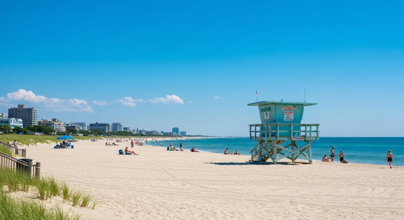 Jackson Avenue Beach in Lower Chelsea, Atlantic City, with lifeguard stand, wide sand and a small summer crowd near the waterline