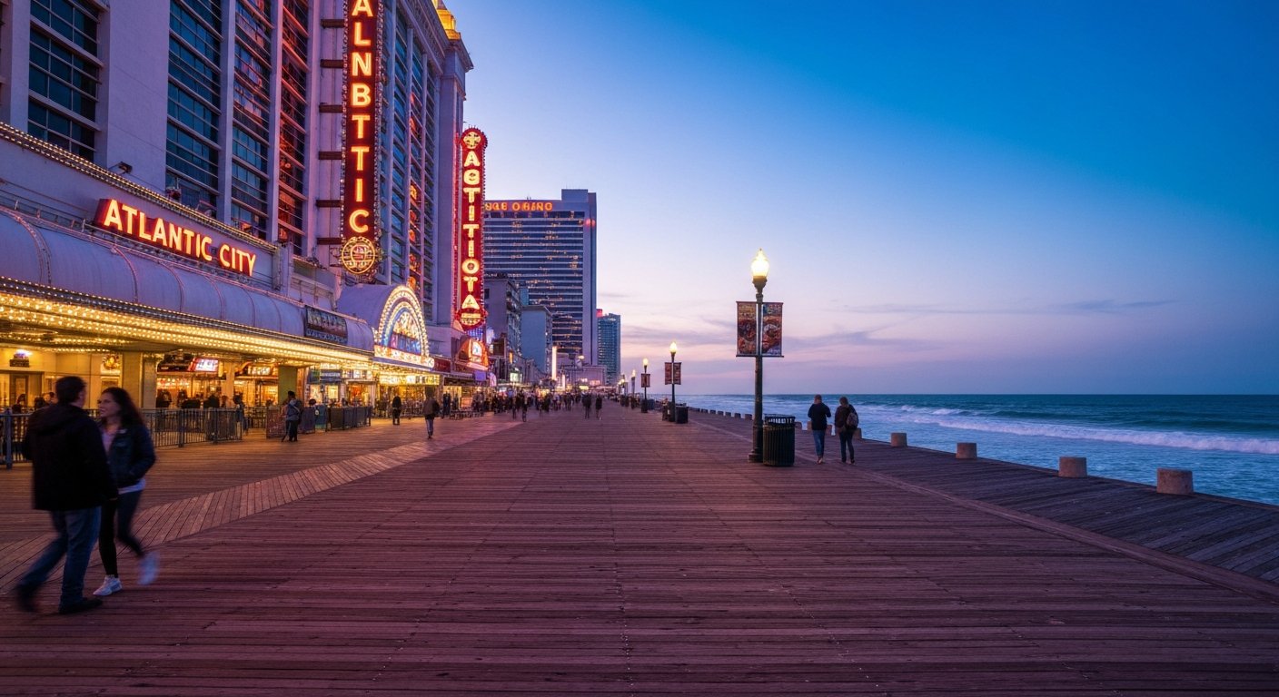 Atlantic City Boardwalk in der Dämmerung mit leuchtenden Casino-Türmen auf der einen Seite und der Brandung des Atlantiks auf der anderen, die Holzbretter erstrecken sich in die Ferne