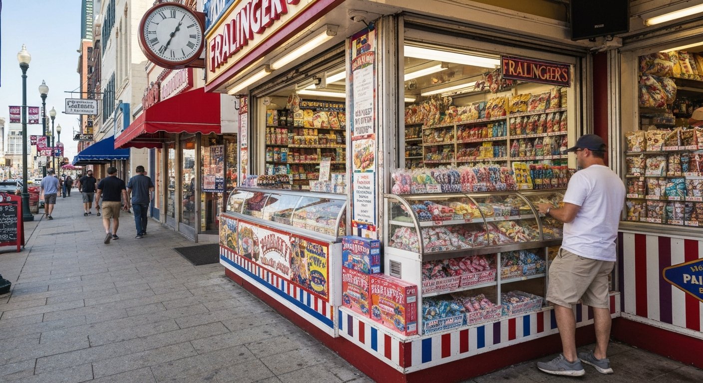 der helle Fralinger's Süßigkeitentresen an der 1901 Boardwalk mit Reihen von Salt Water Taffy-Boxen und einem Schaufenster, das das Nachmittagslicht einfängt