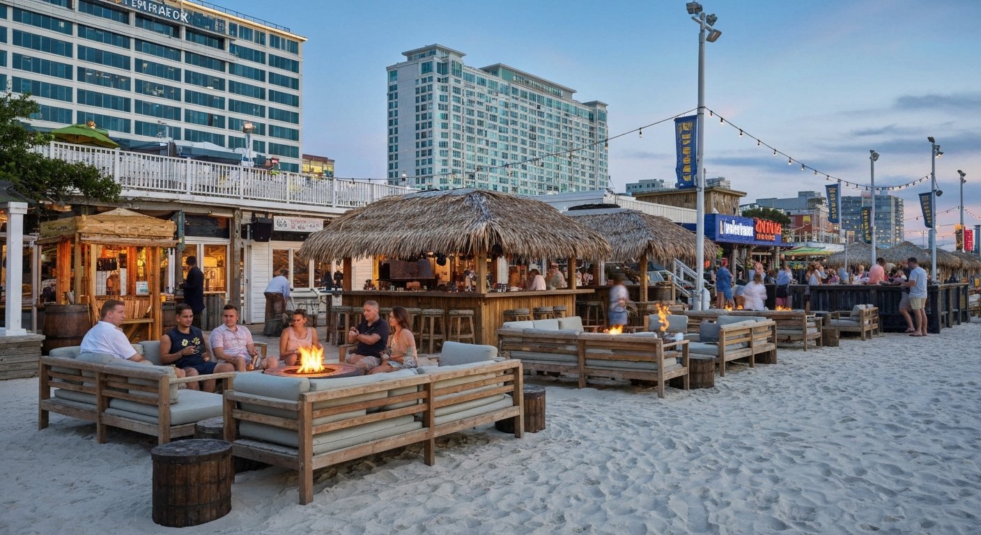 LandShark Bar & Grill im Resorts mit einer Bühne am Strand, Tiki-Bar und Feuerstellen-Lounges, die für einen Sommerabend am Sand aufgebaut sind