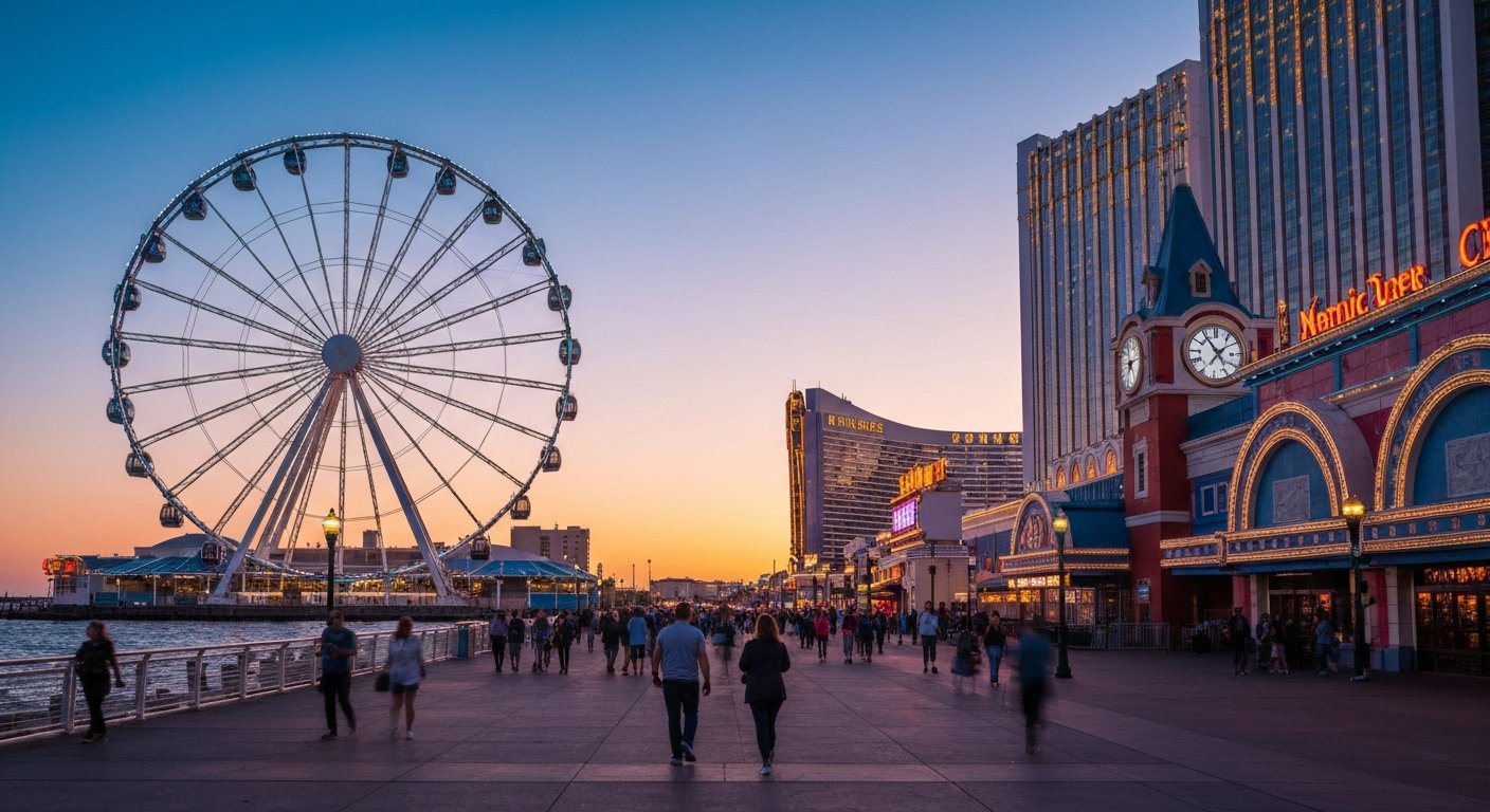 Das Wheel am Steel Pier, das bei Sonnenuntergang über dem Atlantik leuchtet, mit geschlossenen Gondeln, die sich gegen den Ozean und die beginnenden Casino-Lichter abzeichnen