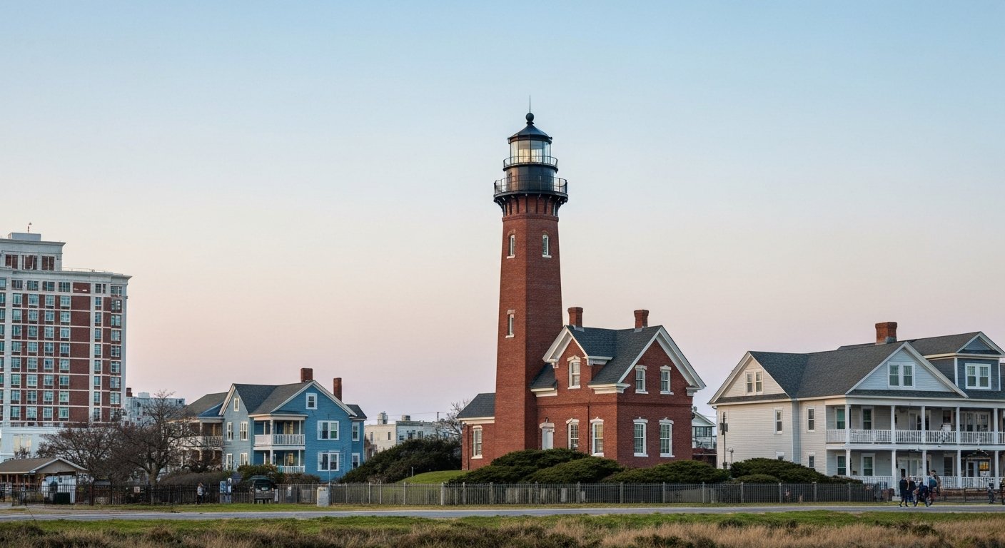 Absecon Lighthouse rising above Atlantic City’s low residential blocks at clear daylight, its brick tower and keeper’s house framed by sky and salt air