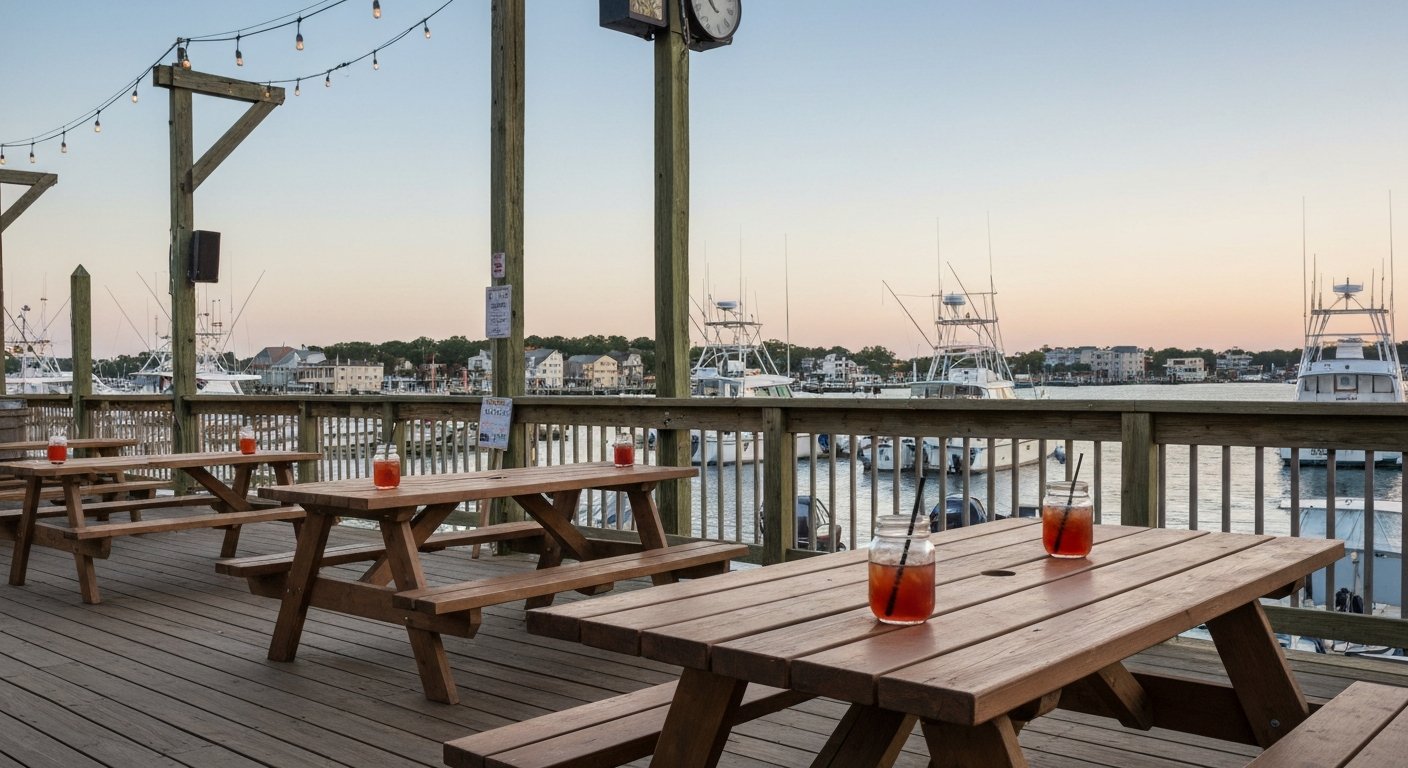 Back Bay Ale House deck at Gardner’s Basin in late-afternoon light, mason-jar cocktails on picnic tables with fishing boats and back-bay water beyond