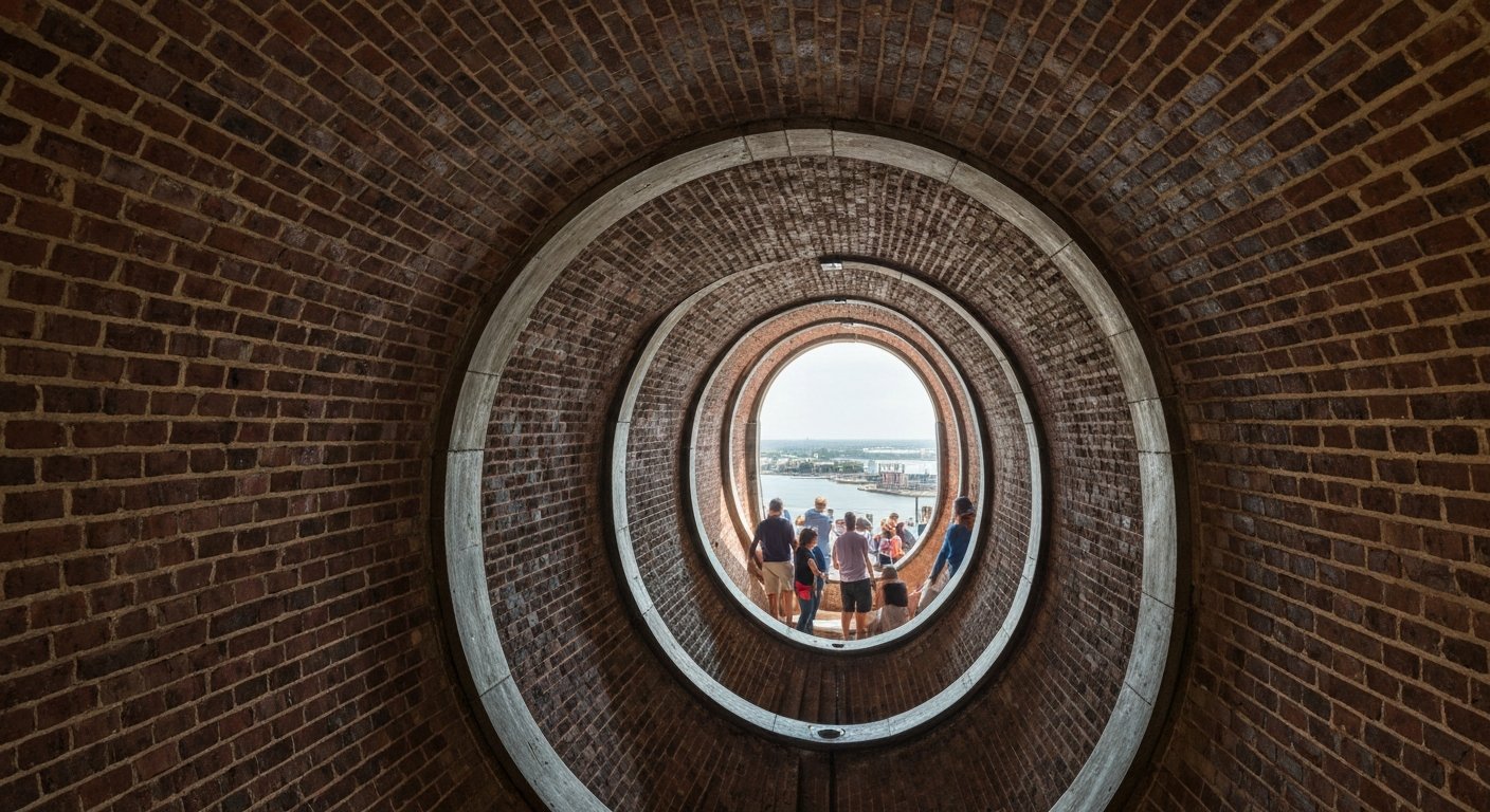 the interior spiral stair of Absecon Lighthouse looking upward through the brick tower, daylight filtering down the narrow staircase