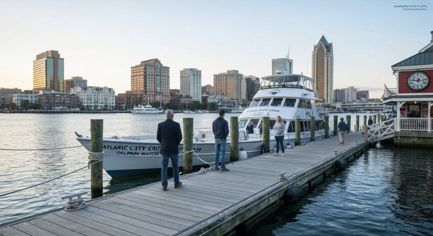 Atlantic City Cruises boat at Gardner’s Basin preparing for a dolphin-watch trip, dock lines, open water and the basin skyline in soft morning light