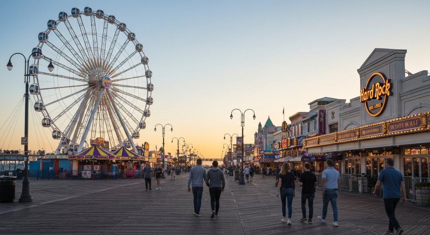Steel Pier amusement rides and the 227-foot observation wheel extending over the Atlantic beside Hard Rock, bright evening sky and boardwalk lights