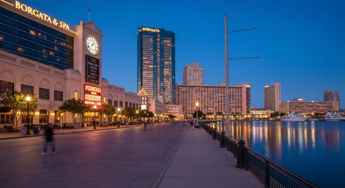 Borgata Hotel Casino & Spa brillando al anochecer junto a la bahía trasera, con luces de valet y la torre de cristal reflejando el agua del puerto deportivo