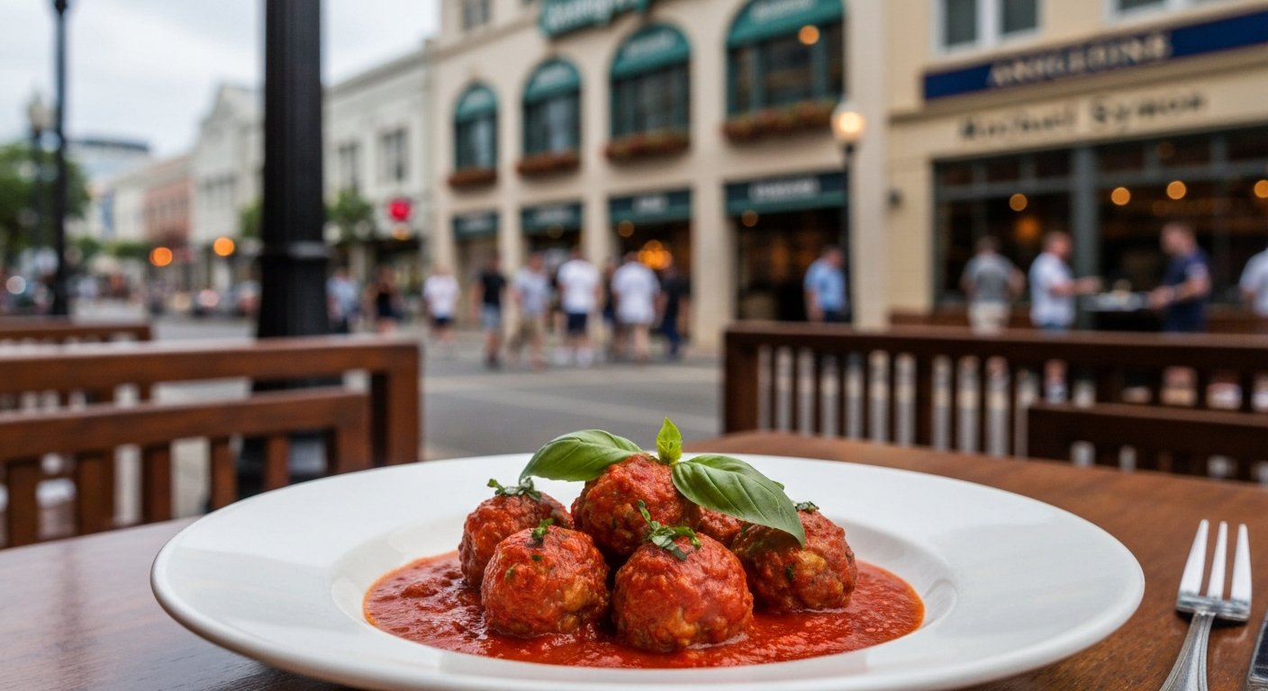 un plato servido de Mom's Meatballs en Angeline by Michael Symon, salsa roja brillante y albahaca en la cálida luz del restaurante