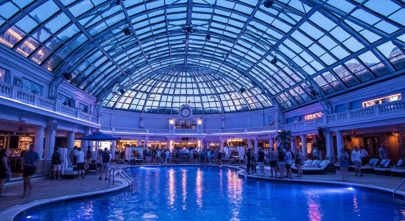 The Pool After Dark en Harrah's, una discoteca con piscina cubierta bajo cúpula de cristal, iluminación azul, cabañas y una multitud con DJ después del anochecer