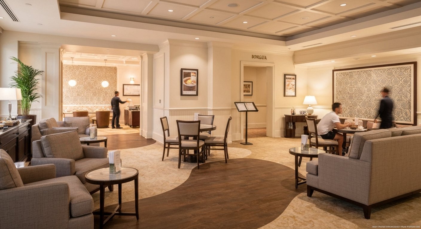 Spa Toccare en Borgata, un lounge de spa sereno con iluminación suave, asientos acolchados y la entrada a las áreas de tratamiento